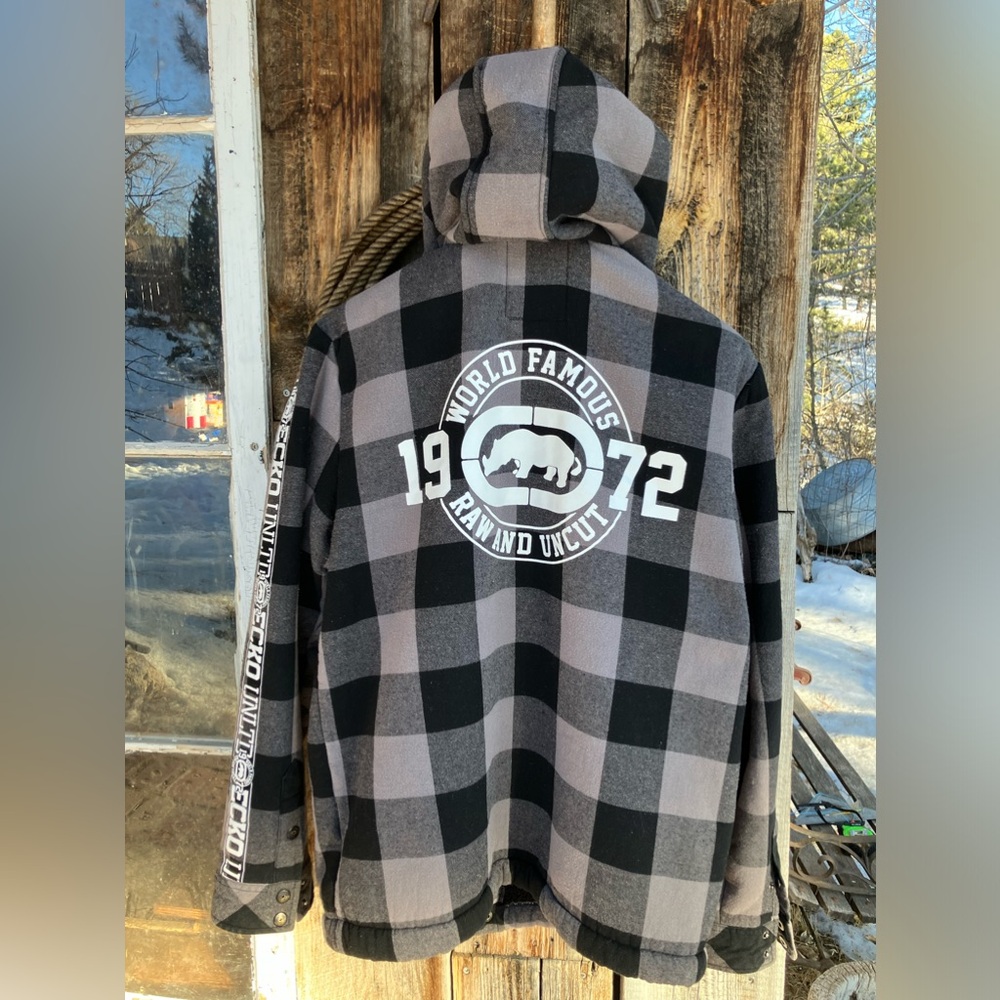 FLEECE & FLANEL! What could be cozier?? Snap-up jacket by Ecko Unltd, L